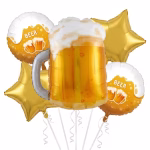 set 5 baloane folie bere Set 5 baloane din folie pentru aniversari si petreceri. Contine un balon gigant in forma de halba de bere cu spuma, doua baloane in forma de stea aurie si doua baloane rotunde cu textul BEER.
