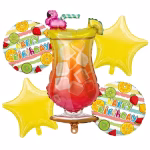 set 5 baloane folie cocktail happy birthday Set 5 baloane din folie pentru aniversari de vara. Contine un balon gigant in forma de pahar de cocktail tropical, doua baloane in forma de stea galbena si doua baloane rotunde Happy Birthday cu imprimeu de fructe