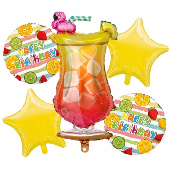 set 5 baloane folie cocktail happy birthday Set 5 baloane din folie pentru aniversari de vara. Contine un balon gigant in forma de pahar de cocktail tropical, doua baloane in forma de stea galbena si doua baloane rotunde Happy Birthday cu imprimeu de fructe