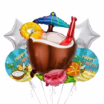 set 5 baloane folie cocktail Set 5 baloane din folie pentru petreceri de vara si tematice tropicale. Contine un balon gigant in forma de bautura cocktail in nuca de cocos, doua baloane in forma de stea argintie si doua baloane rotunde Happy Birthday cu peisaj de plaja.