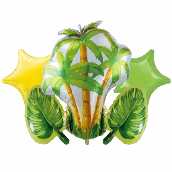 set 5 baloane folie palmier Set 5 baloane din folie pentru petreceri de vara si tematice tropicale. Contine un balon gigant cu imprimeu peisaj cu palmieri, o stea galbena, o stea verde si doua baloane decupate in forma de frunza de monstera.