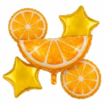 set 5 baloane folie portocala Set 5 baloane din folie pentru petreceri de vara si tematice cu fructe. Contine un balon figurina in forma de felie de portocala, doua baloane in forma de stea aurie si doua baloane rotunde cu imprimeu detaliat de portocala.