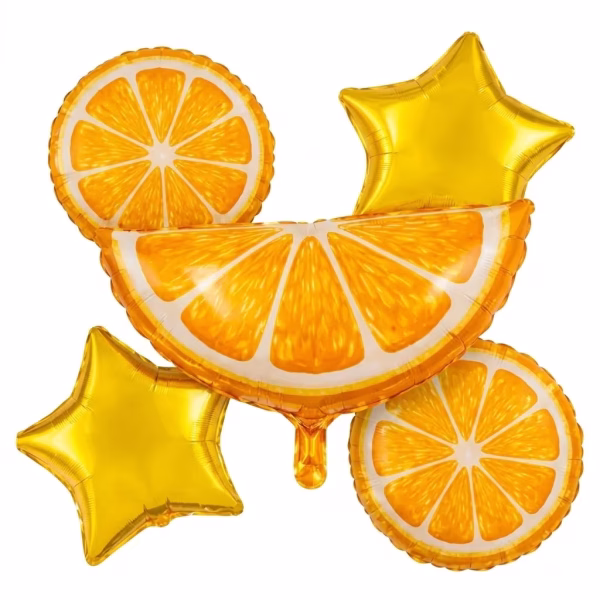 set 5 baloane folie portocala Set 5 baloane din folie pentru petreceri de vara si tematice cu fructe. Contine un balon figurina in forma de felie de portocala, doua baloane in forma de stea aurie si doua baloane rotunde cu imprimeu detaliat de portocala.