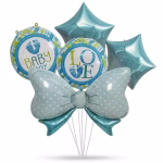 set 5 baloane fundita baby boy Set de 5 baloane din folie pentru botez baietel. Contine un balon gigant in forma de fundita bleu cu buline albe, 2 baloane rotunde cu mesajele Baby Boy si Love, si 2 baloane in forma de stea bleu metalizat.
