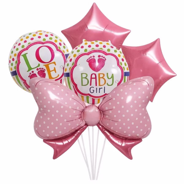 set 5 baloane fundita baby girl Set de 5 baloane din folie pentru botez fetita. Contine un balon gigant in forma de fundita roz cu buline albe, 2 baloane rotunde cu mesajele Baby Girl si Love, si 2 baloane in forma de stea roz metalizat.