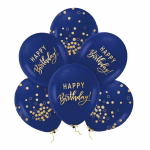 set baloane latex happy birthday bleumarin Set festiv format din 6 baloane din latex de culoarea bleumarin, inscriptionate cu mesajul auriu Happy Birthday si puncte decorative aurii.