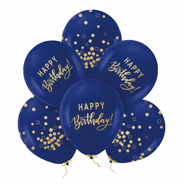 set baloane latex happy birthday bleumarin Set festiv format din 6 baloane din latex de culoarea bleumarin, inscriptionate cu mesajul auriu Happy Birthday si puncte decorative aurii.