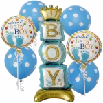 set 6 baloane welcome baby boy Set de 6 baloane pentru botez baietel. Contine un balon airwalker gigant de 108 cm format din cuburi BOY cu coronita, 2 baloane rotunde Welcome Baby Boy si 3 baloane latex albastre cu buline albe.