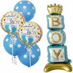 set 6 baloane welcome baby boy Set de 6 baloane pentru botez baietel. Contine un balon airwalker gigant de 108 cm format din cuburi BOY cu coronita, 2 baloane rotunde Welcome Baby Boy si 3 baloane latex albastre cu buline albe.