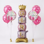 set 6 baloane welcome baby girl Set de 6 baloane pentru botez fetita. Contine un balon airwalker gigant de 108 cm format din cuburi GIRL cu coronita, 2 baloane rotunde Welcome Baby Girl si 3 baloane latex roz cu buline albe.