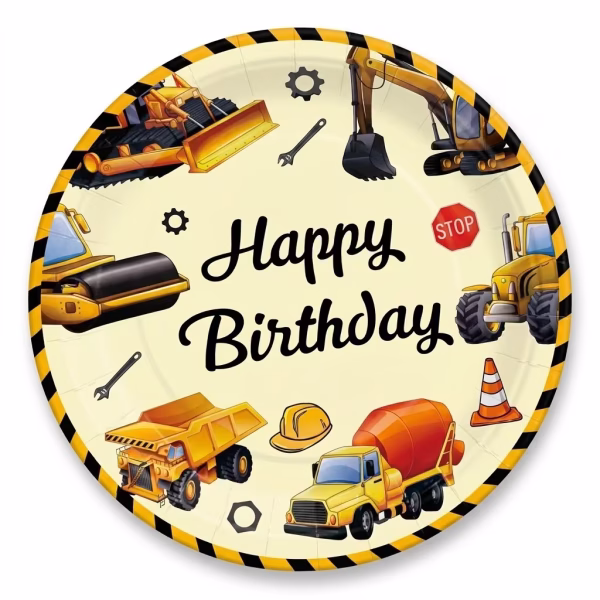 set 8 farfurii din carton tematica masini Farfurie din carton pentru petreceri de copii, dimensiune 18 cm, cu tematica masini de constructii (excavator, buldozer, betoniera, basculanta) si mesajul central Happy Birthday.