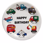set 8 farfurii din carton tematica masini Farfurie din carton pentru petreceri de copii, dimensiune 18 cm, pe fond alb, cu mesajul central Happy Birthday inconjurat de diverse vehicule de oras ilustrate colorat: masina de politie, ambulanta, autobuz, taxi, avion, excavator, masina de posta si camion.