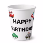Set 8 Pahare Carton Masini si Vehicule Pahar din carton pentru petreceri de copii, capacitate 200 ml, pe fond alb. Designul prezinta mesajul Happy Birthday inconjurat de masini de interventie si oras: masina de pompieri, taxi si ambulanta.
