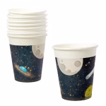 set 8 pahare carton space Un set de 8 pahare din carton pentru petreceri, asezate in stiva, capacitate 200ml. Designul ilustreaza spatiul cosmic cu un fundal instelat, o nava spatiala tip OZN si Luna.
