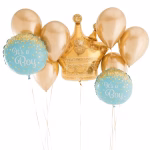 set 9 baloane coronita it's a boy Set de 9 baloane pentru botez baietel. Contine un balon folie coronita aurie gigant, 2 baloane rotunde bleu cu mesajul It's a Boy si 6 baloane din latex premium auriu chrome.