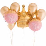 set 9 baloane coronita it's a girl Set de 9 baloane pentru botez fetita. Contine un balon folie coronita aurie gigant, 2 baloane rotunde roz cu mesajul It's a Girl si 6 baloane din latex premium auriu chrome.