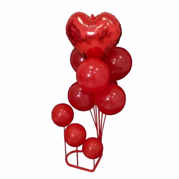 set baloane cu suport inima folie Set de 10 baloane rosii cu suport decorativ pentru masa. Baza suportului este in forma de inima rosie, din care pornesc bete cu rozete sustinand 9 baloane din latex si un balon mare din folie in forma de inima in varf.