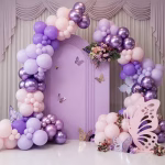 Set Ghirlandă Baloane Mov și Roz Pastel Arcadă asimetrică din set ghirlandă baloane mov și roz macarons pastel cu detalii chrome