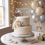 topper tort happy birthday my love argintiu Topper tort happy birthday my love argintiu plexiglas oglinda pe un tort etajat crem decorat cu trandafiri albi si frunze argintii