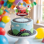 topper tort personalizat cars Topper tort personalizat Cars Fulger McQueen cu numele Adrian si cifra 6 pe un tort albastru decorat cu o sosea nori si masinute de zahar