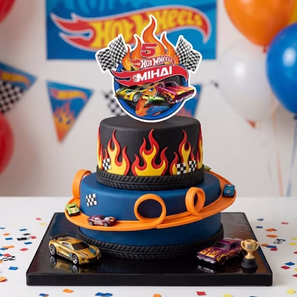 topper tort personalizat hot wheels topper tort personalizat hot wheels masini curse nume mihai cifra 5 carton decoratiuni petrecere baieti happy birthday steaguri raliu