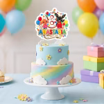 topper tort personalizat bing Topper tort personalizat Iepurasul Bing si Sula cu numele Anastasia si cifra 8 pe un tort etajat decorat cu norisori floricele si curcubeu pastel