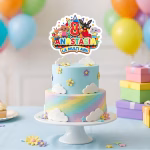 Topper Tort Personalizat Bing Topper tort personalizat Iepurasul Bing cu prietenii Sula Flop Pando, numele Anastasia si cifra 8, pe un tort etajat pastelat cu norisori si flori