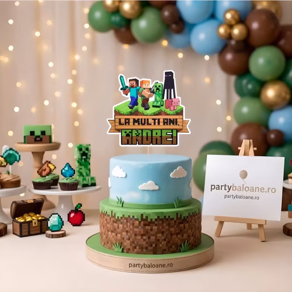 topper tort personalizat minecraft Topper tort personalizat Minecraft cu personajele Steve Alex Creeper Enderman porcusor si mesajul La Multi Ani Andrei pe un tort tematic din blocuri de iarba si cer