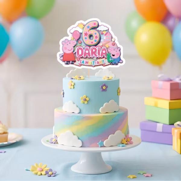 Topper Tort Personalizat Peppa Pig și George Topper tort personalizat Peppa Pig si George cu dinozaurul, numele Daria si cifra 6 pe un tort etajat pastel decorat cu norisori