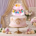 topper tort personalizat printese Topper tort personalizat Prințese Disney cu numele Alina și cifra 8 pe un tort roz elegant decorat cu detalii regale aurii și coroană