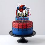topper tort personalizat spiderman Topper tort personalizat Spiderman cu numele Stefan si cifra 6 pe un tort rosu si albastru cu panza de paianjen