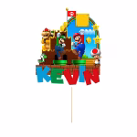 topper tort personalizat super mario Topper tort personalizat Super Mario cu numele Andrei si cifra 8 pe un tort albastru decorat cu elemente din joc caramizi monede si stelute