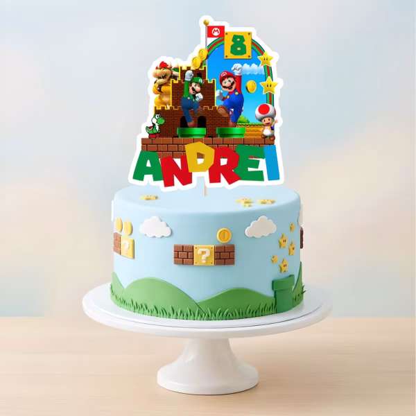 topper tort personalizat super mario Topper tort personalizat Super Mario cu numele Andrei si cifra 8 pe un tort albastru decorat cu elemente din joc caramizi monede si stelute