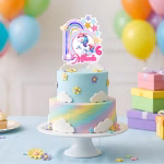topper tort personalizat unicorn Topper tort personalizat Unicorn cu curcubeu, numele Mihaela si cifra 6 pe un tort etajat in culori pastel cu norisori