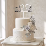 topper tort te iubesc argintiu Topper tort te iubesc argintiu plexiglas oglinda pe un tort etajat alb decorat cu trandafiri argintii si inimi