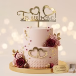 topper tort te iubesc auriu Topper tort te iubesc auriu plexiglas oglinda pe un tort etajat roz romantic decorat cu trandafiri visinii inimi aurii si foita de aur
