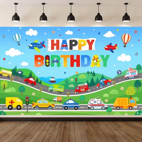 Background Textil Masini Cod 765B Mockup cu un background textil pentru panou foto cu tematica masini, ilustrand un peisaj vesel cu strazi, masina de politie, pompieri, ambulanta si textul Happy Birthday.