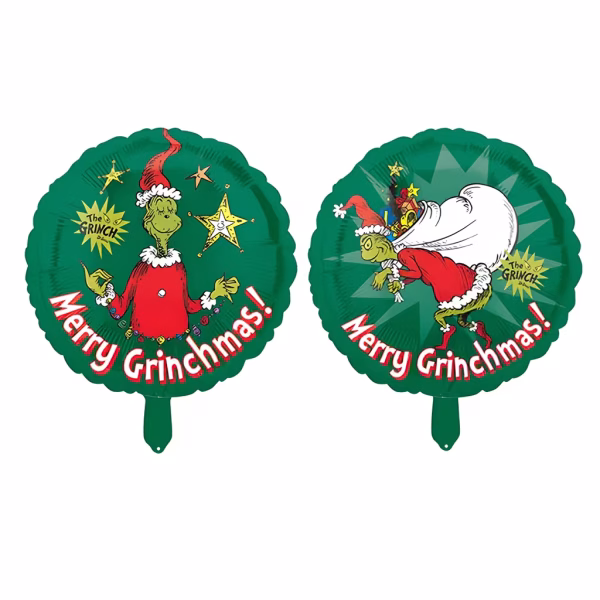 balon folie grinch 45 cm Balon din folie rotunda verde cu tematica Grinch, prezentand doua fete diferite cu personajul si textul Merry Grinchmas!