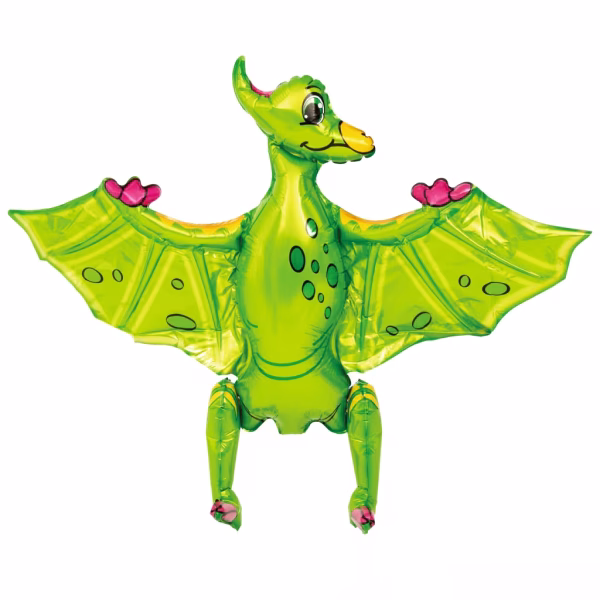 Balon Folie Pterodactil 3D 80x55 cm Balon din folie 3D in forma de dinozaur Pterodactil verde cu aripi deschise si labe atasate pregatit pentru decor.