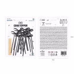 Fața și spatele ambalajului produsului "Black Bow Cake Toppers", arătând dimensiunile de 9x16 cm și instrucțiunile de folosire a punctelor de lipici.