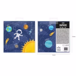 Ambalajul original al setului de 10 servetele petrecere spatiu, care arata designul complet, inclusiv planetele Uranus si Neptune, si dimensiunea de 33x33 cm.