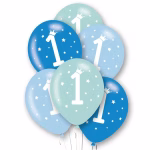 Set 10 Baloane 25 cm Cifra 1 Albastru Buchet format din baloane de latex in nuante de albastru inchis, albastru deschis si verde menta, imprimate cu cifra 1 alba, coronita si stelute, perfecte pentru prima aniversare a baietilor.