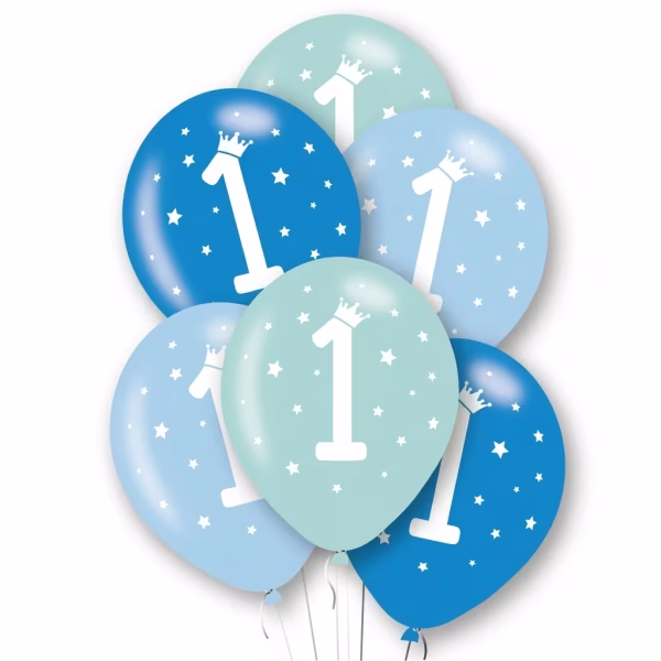 Set 10 Baloane 25 cm Cifra 1 Albastru Buchet format din baloane de latex in nuante de albastru inchis, albastru deschis si verde menta, imprimate cu cifra 1 alba, coronita si stelute, perfecte pentru prima aniversare a baietilor.