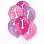 Set 10 Baloane 25 cm Cifra 1 Roz Fete Buchet format din baloane de latex in nuante de roz pastel, fucsia si mov, imprimate cu cifra 1 alba, coronita si inimioare, perfecte pentru prima aniversare a fetitelor.