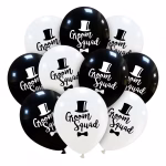 Set 10 Baloane Groom Squad 25 cm Buchet de baloane din latex alb si negru, imprimate cu textul Groom Squad, o palarie eleganta si un papion, perfecte pentru petrecerea burlacilor.