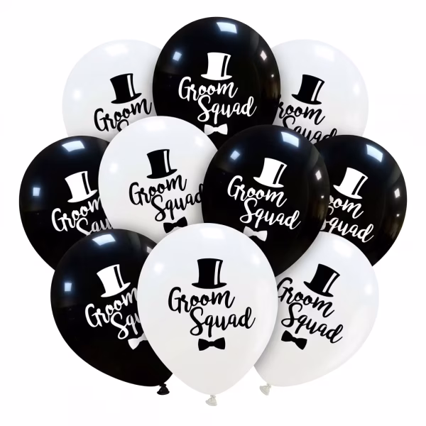 Set 10 Baloane Groom Squad 25 cm Buchet de baloane din latex alb si negru, imprimate cu textul Groom Squad, o palarie eleganta si un papion, perfecte pentru petrecerea burlacilor.