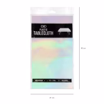Ambalajul original pentru fata de masa din plastic argintie iridescenta, specificand clar dimensiunile de 137x274 cm, caracteristica waterproof (rezistenta la apa) si faptul ca este reutilizabila.