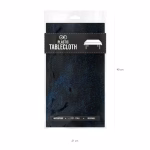 Ambalajul original pentru fata de masa din plastic holografica negru cu argintiu, specificand clar dimensiunile de 137x274 cm, caracteristica waterproof (rezistenta la apa) si faptul ca este reutilizabila.