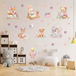 Aranjament de stickere perete cu tematica scoala si animalute care citesc si deseneaza.
