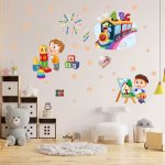 Aranjament compact al setului de stickere educative pentru gradinita cu trenulet si baietei creativi.